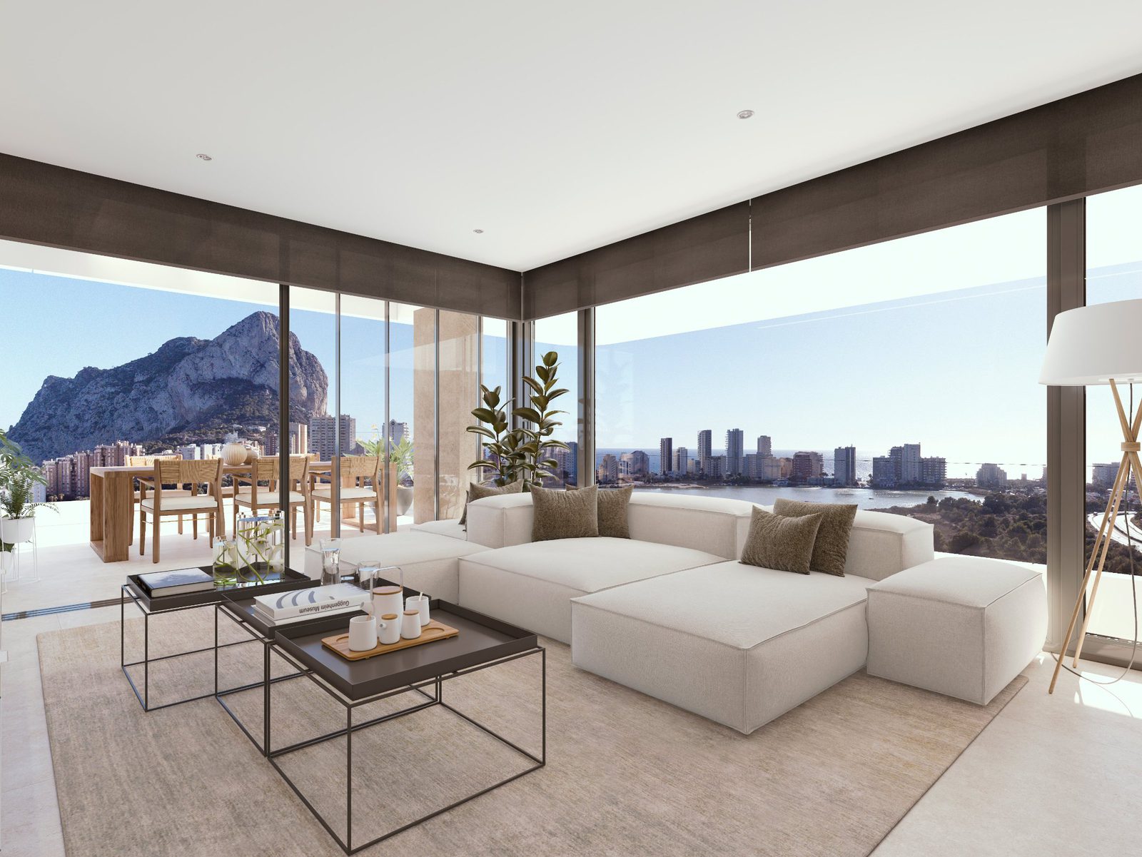 Stylish living room with stunning sea and mountain views of a 3-bedroom apartment in Calpe - The Estates