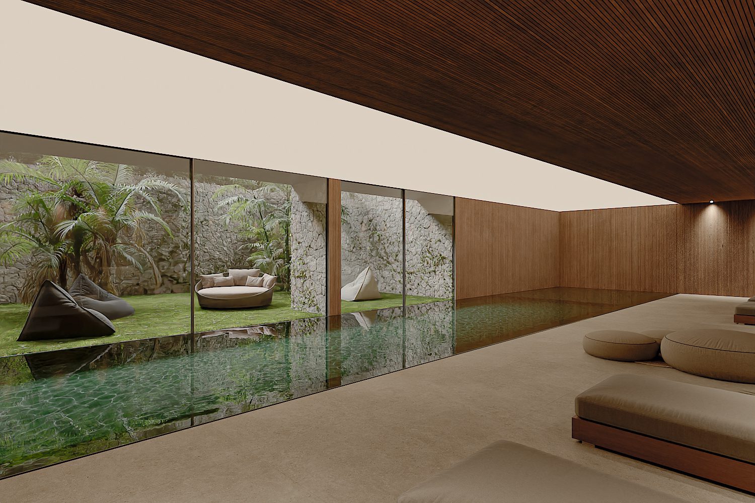 A tranquil garden view through floor-to-ceiling windows in a 3-bedroom penthouse in Altea - The Estates
