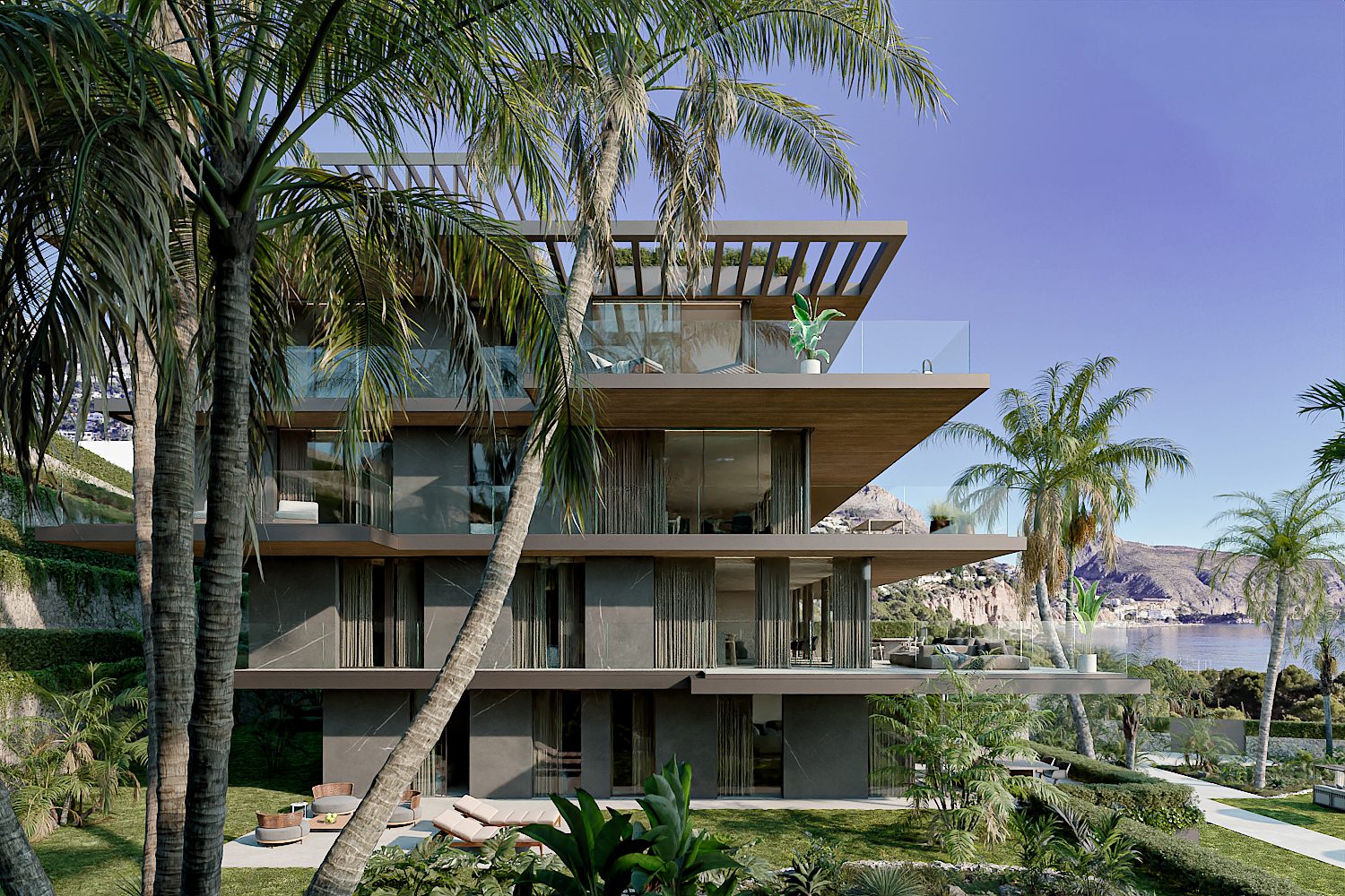 A modern penthouse with sea and garden views framed by palm trees in Altea - The Estates