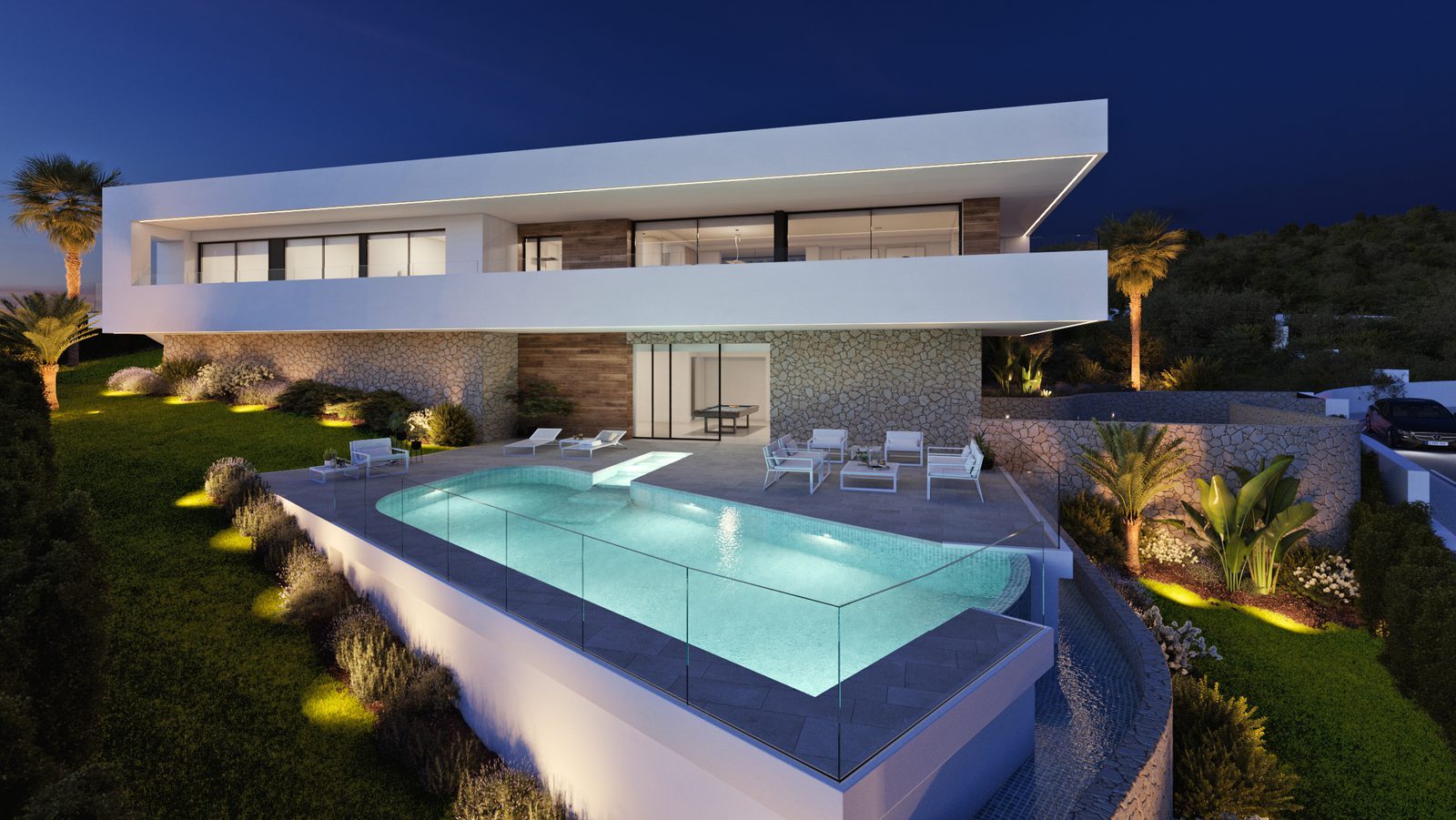 Modern villa with a swimming pool, landscaped gardens and illuminated terraces in Cumbre del Sol, Benitachell - The Estates