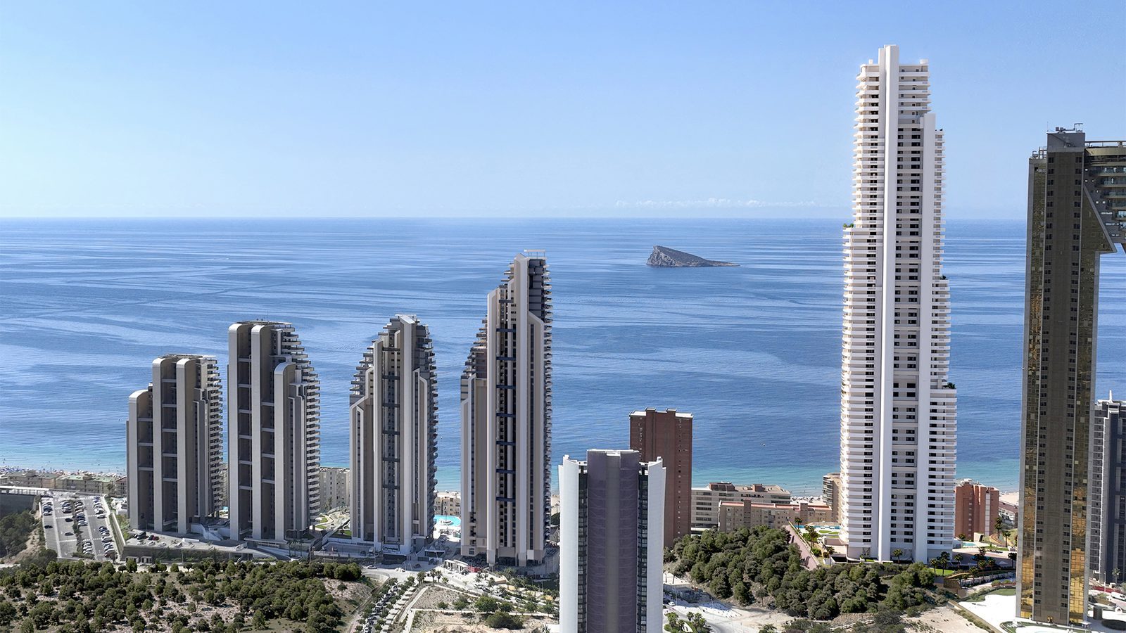 Sea and Benidorm skyline with high-rise apartments and Peñón de Ifach in the distance, viewed from a 2-bedroom apartment - The Estates