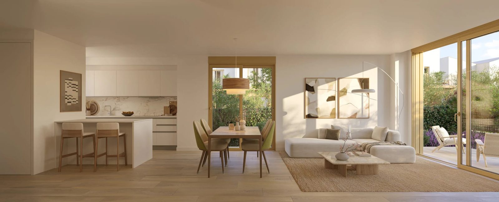 Bright living and dining area with kitchen and garden access in a 3-bedroom townhouse in El Verger - The Estates