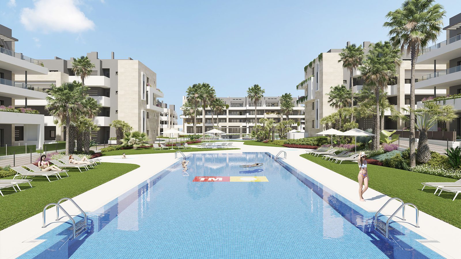 Resort-style swimming pool surrounded by landscaped gardens and modern apartment buildings in Orihuela - The Estates