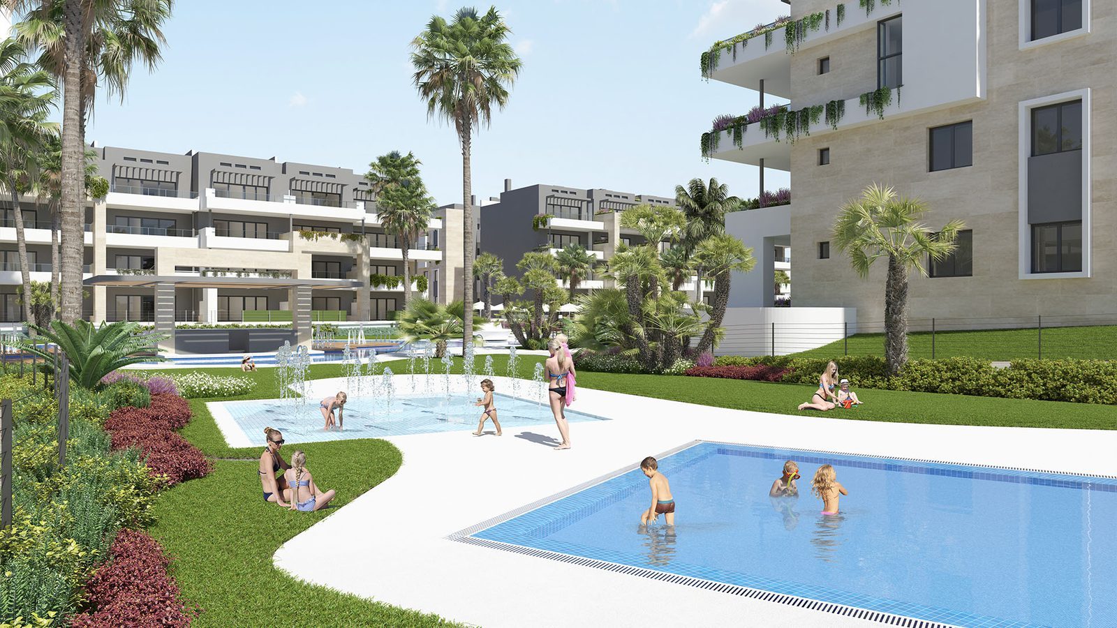 Landscaped communal pools and modern apartment buildings of a 3-bedroom apartment in Orihuela - The Estates