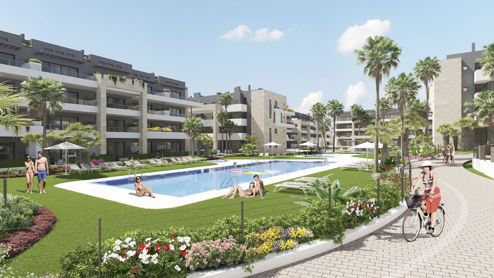 Landscaped communal pool and gardens at a modern apartment complex in Orihuela - The Estates