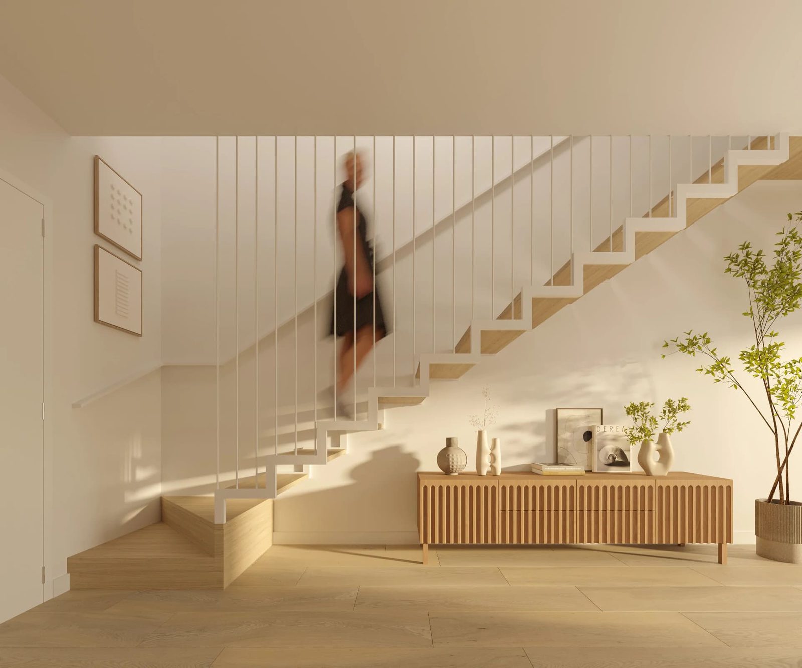 Contemporary hallway with a floating staircase and console table in a 3-bedroom townhouse in El Verger - The Estates