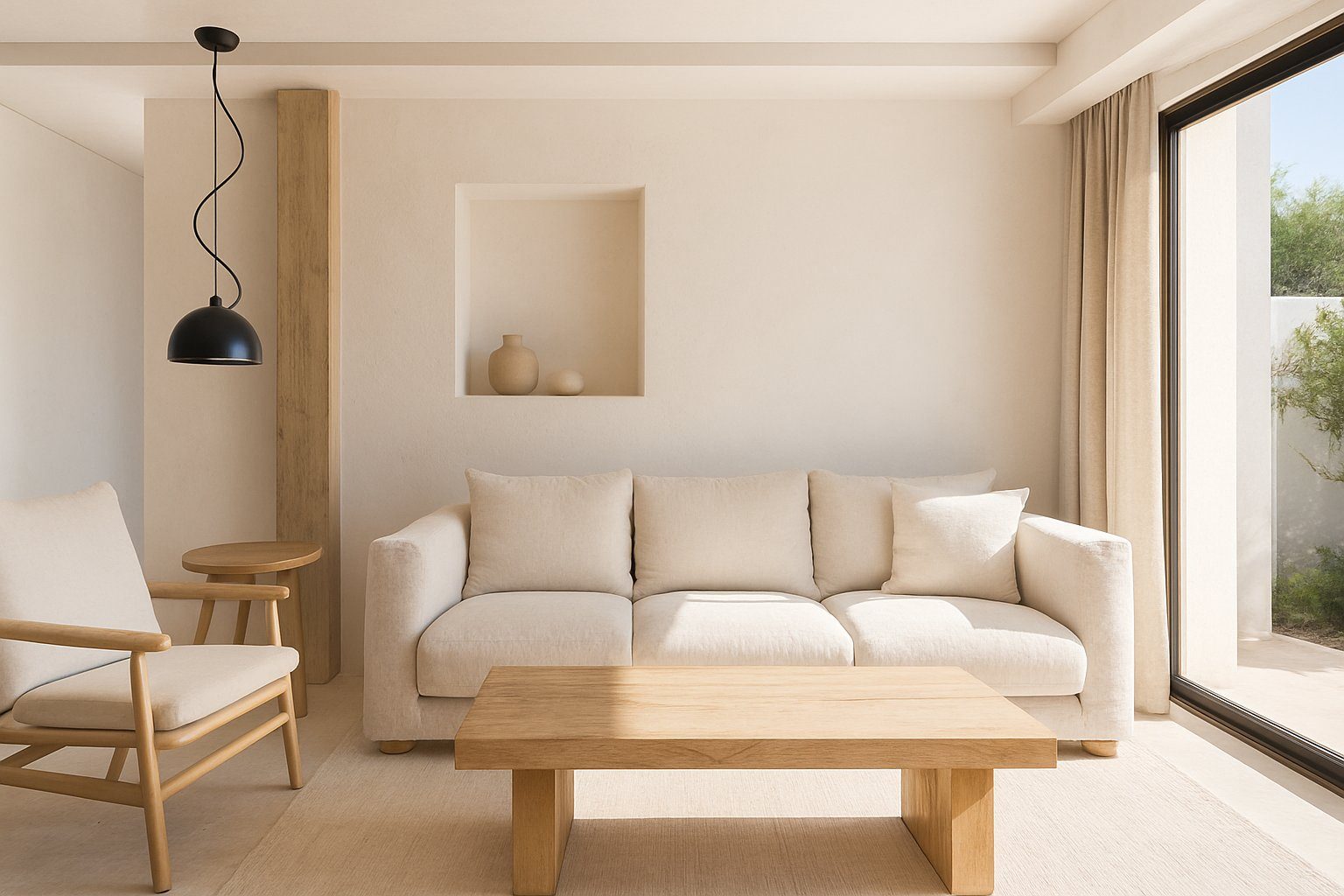 Bright living room with cream sofa, armchair and wooden coffee table in a 3-bedroom villa in Pedreguer - The Estates