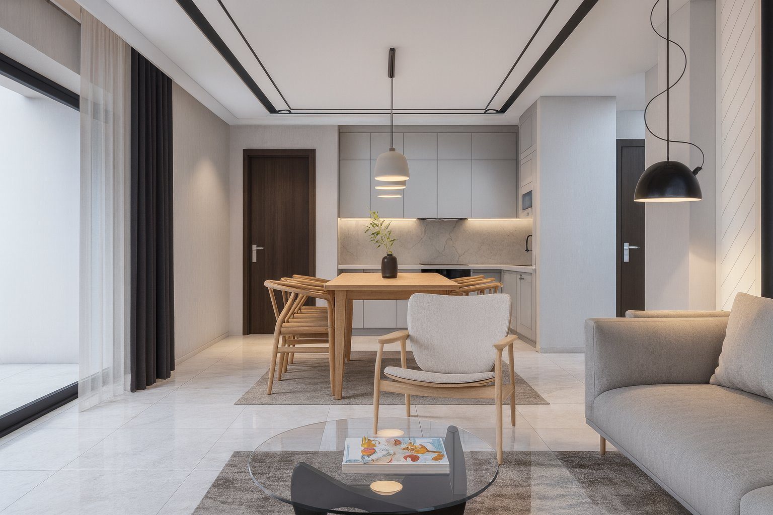 Contemporary open-plan living room, dining area and kitchen of a 3-bedroom villa in Pedreguer - The Estates