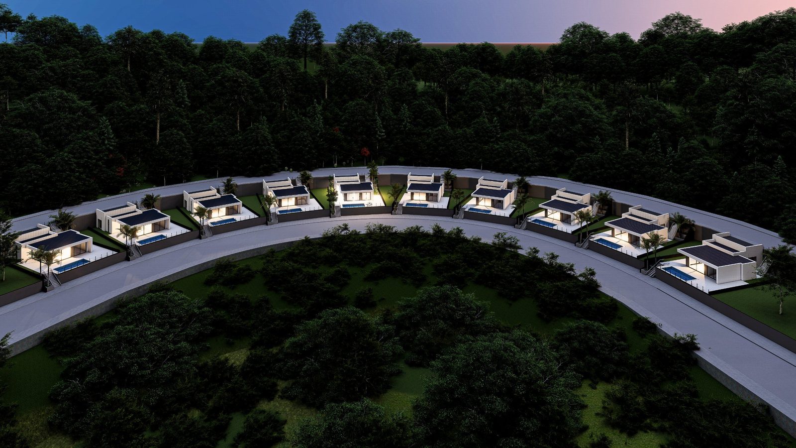 Aerial view of villas in a wooded Monte Solana development in Pedreguer - The Estates