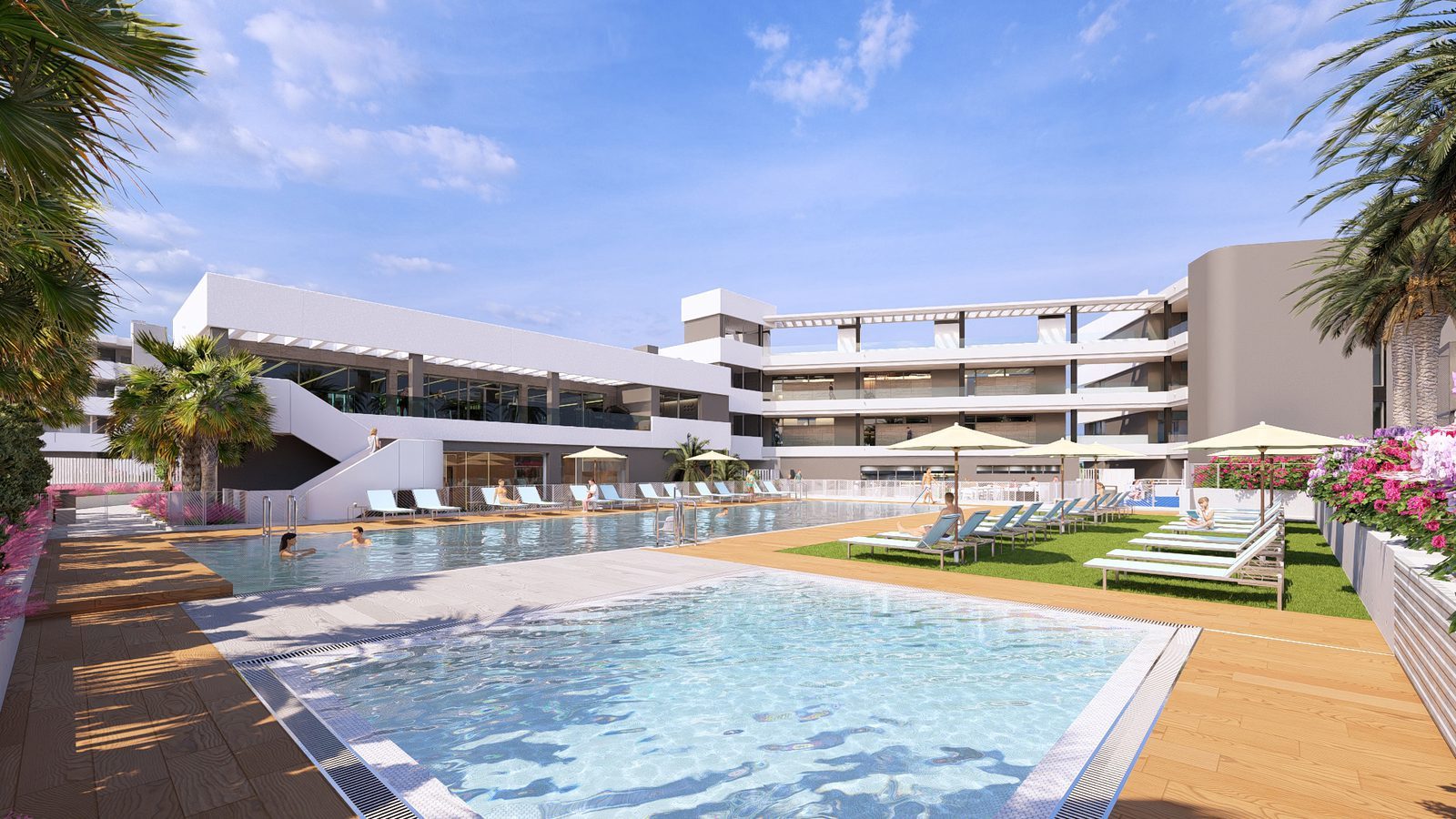 Communal swimming pool with sun loungers at a modern resort in Torrevieja, for a 2-bedroom bungalow - The Estates