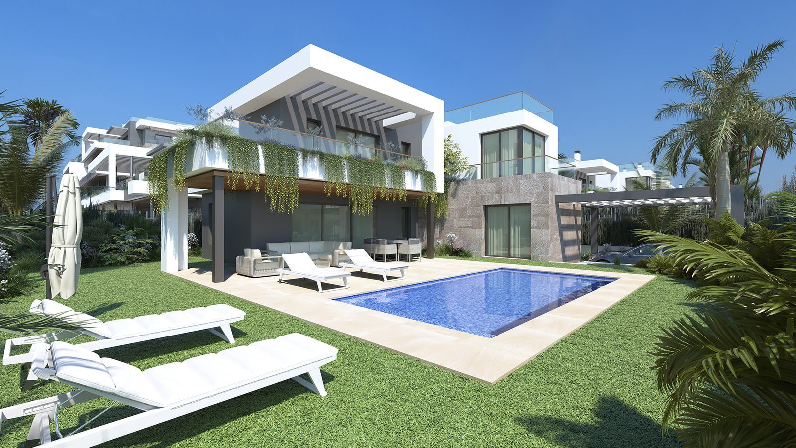Modern bungalow exterior with private pool, garden and sun loungers of a 2-bedroom bungalow in Torrevieja - The Estates