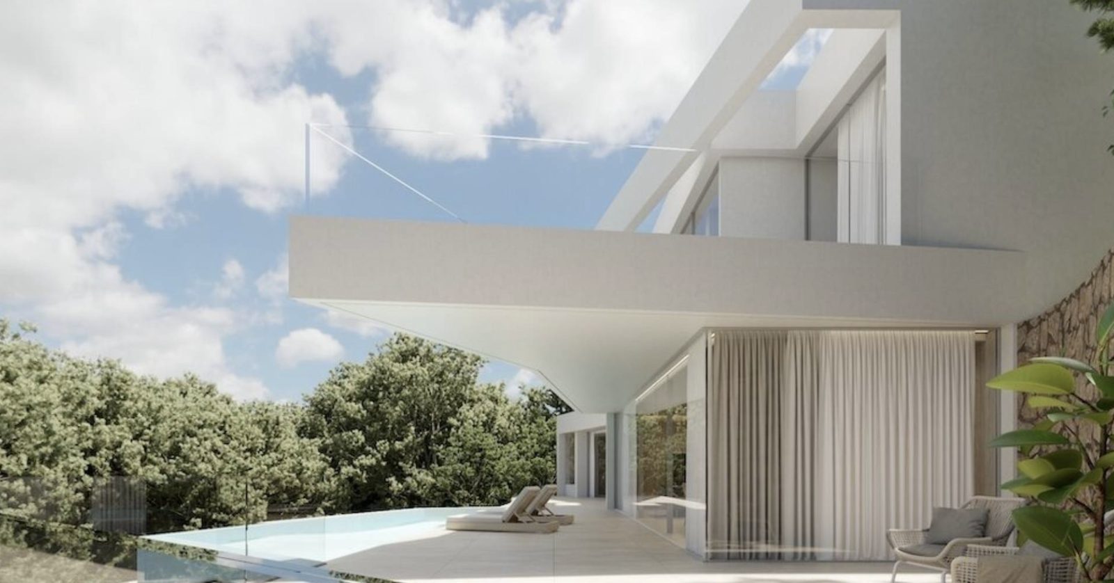 Modern exterior with pool and covered terrace of a 4-bedroom
