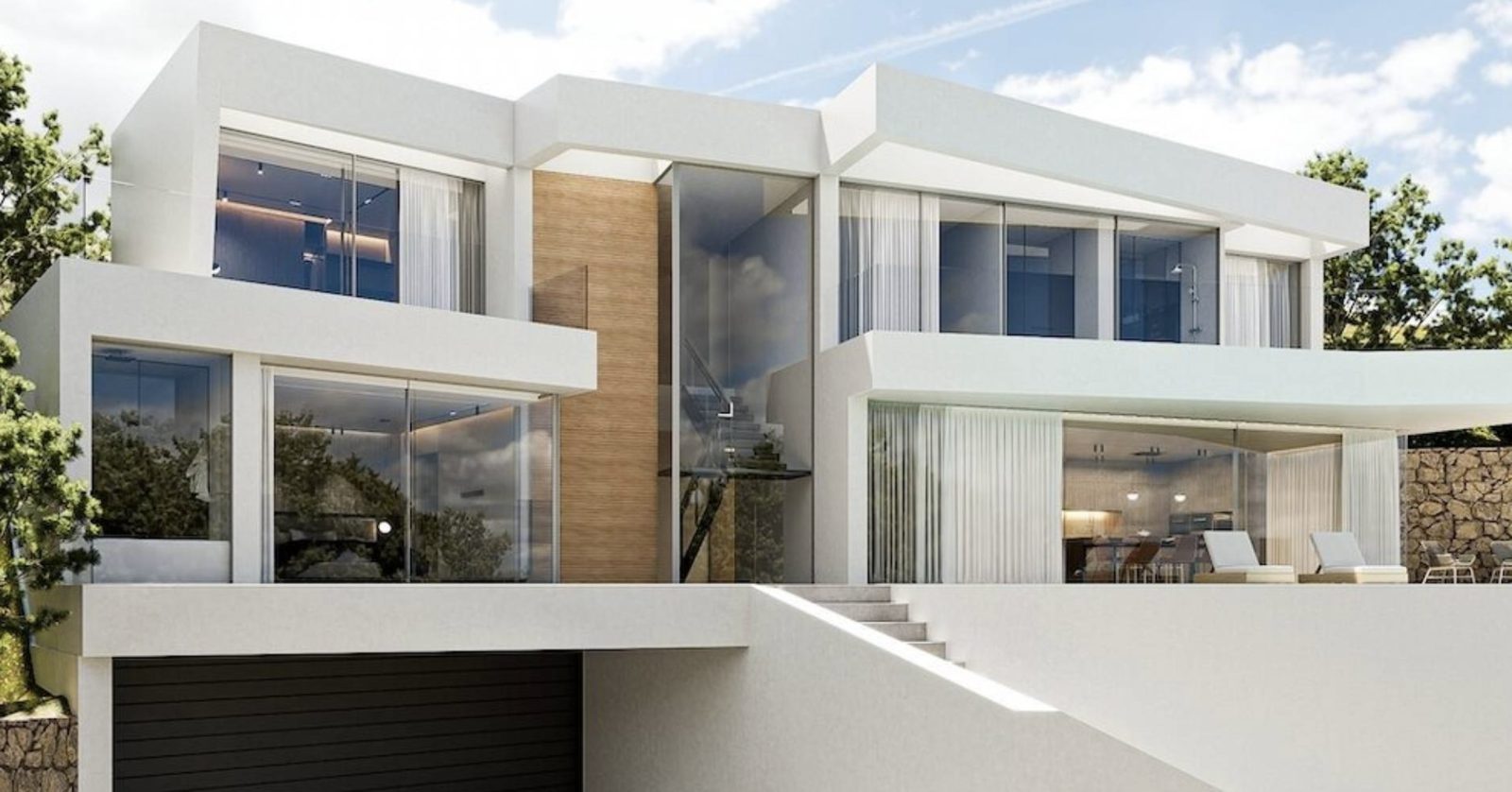 Modern white villa exterior with floor-to-ceiling windows, terraces and garage in Altea Hills - The Estates