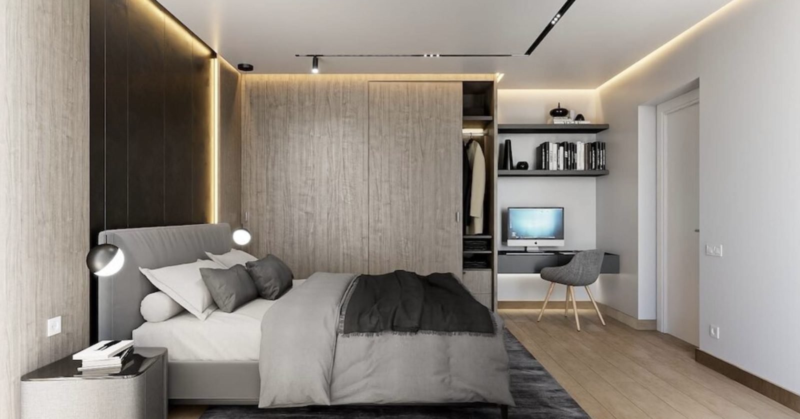 Modern bedroom with double bed, built-in wardrobes, desk and shelving in a 4-bedroom villa in Altea - The Estates
