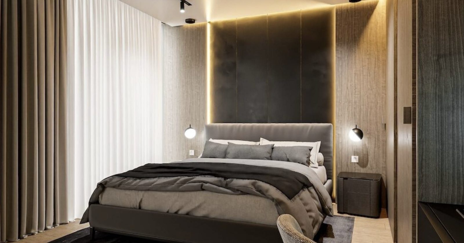 Modern bedroom with a king-size bed, pendant lights and wood-panelled walls in a 4-bedroom villa in Altea - The Estates