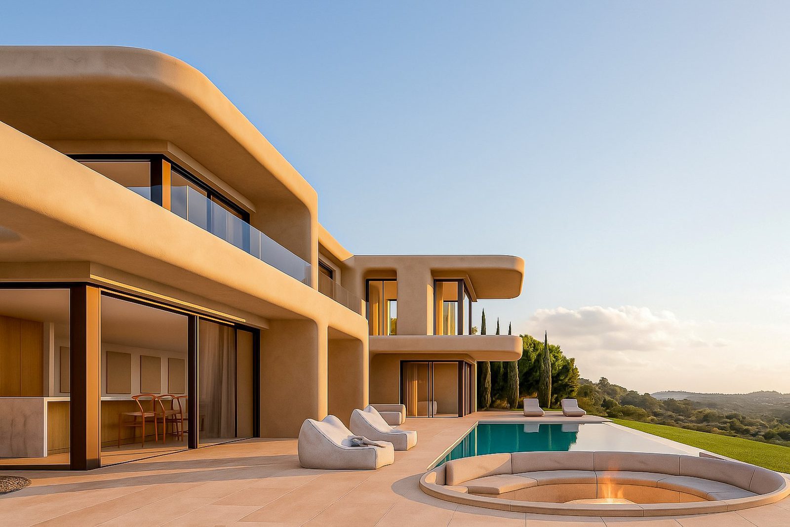 Modern villa exterior with pool, terrace and countryside views of a 4-bedroom villa