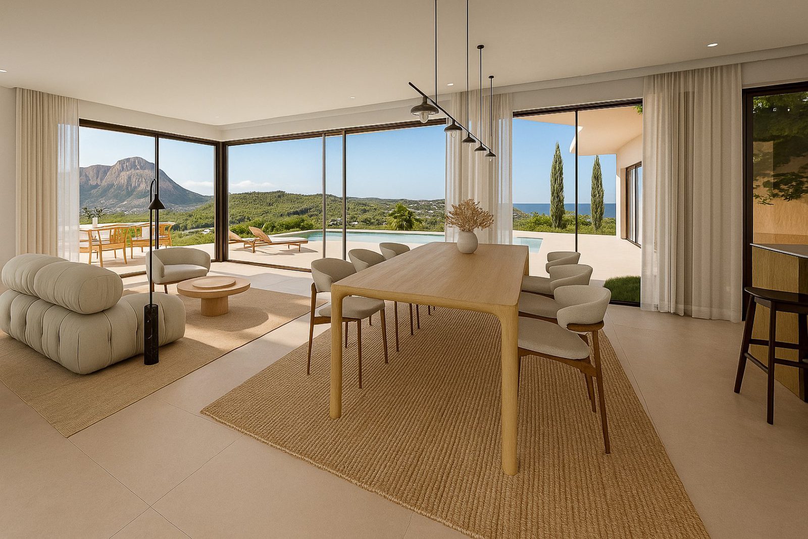 Open-plan living and dining room with panoramic sea and mountain views of a 4-bedroom villa in Jávea - The Estates