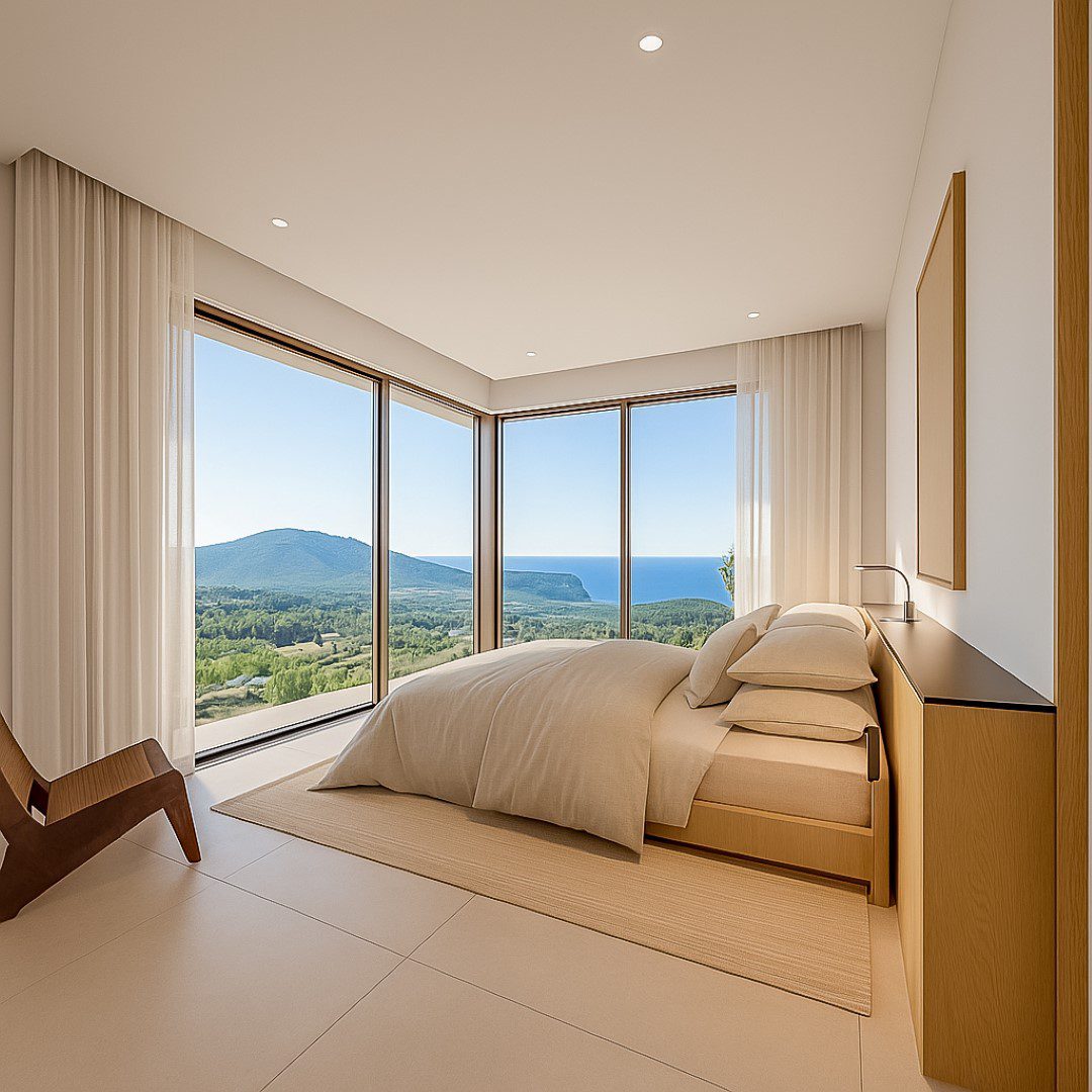 Modern bedroom with panoramic sea, mountain and countryside views in a 4-bedroom villa in Jávea - The Estates