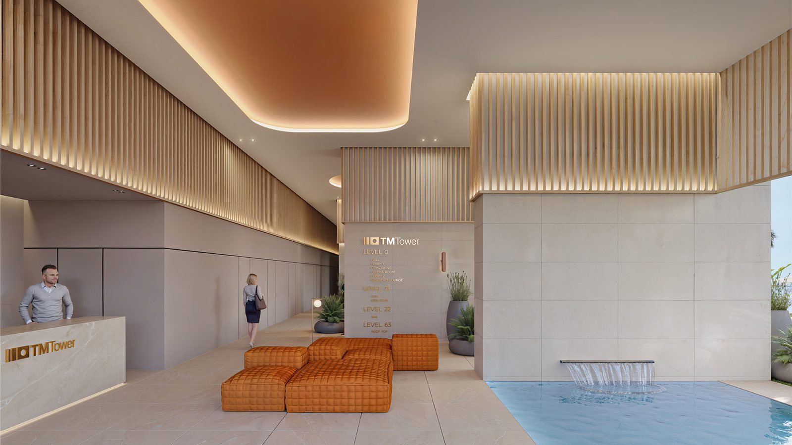 Luxury lobby with reception, seating and water feature of a 3-bedroom apartment in Benidorm - The Estates