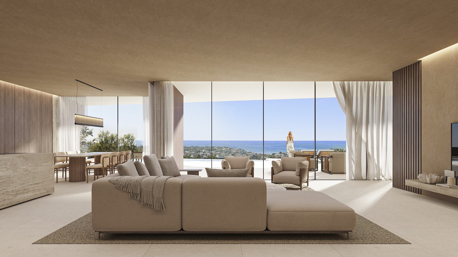 Stylish living room with sea views inside a 4-bedroom villa in Benissa - The Estates