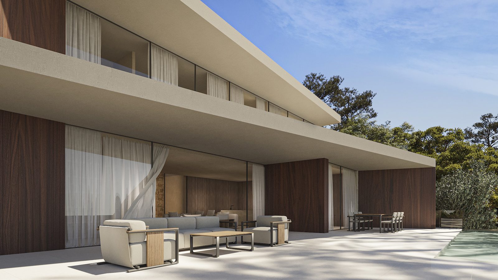 Modern exterior with terrace and seating area of a 4-bedroom villa in Benissa - The Estates