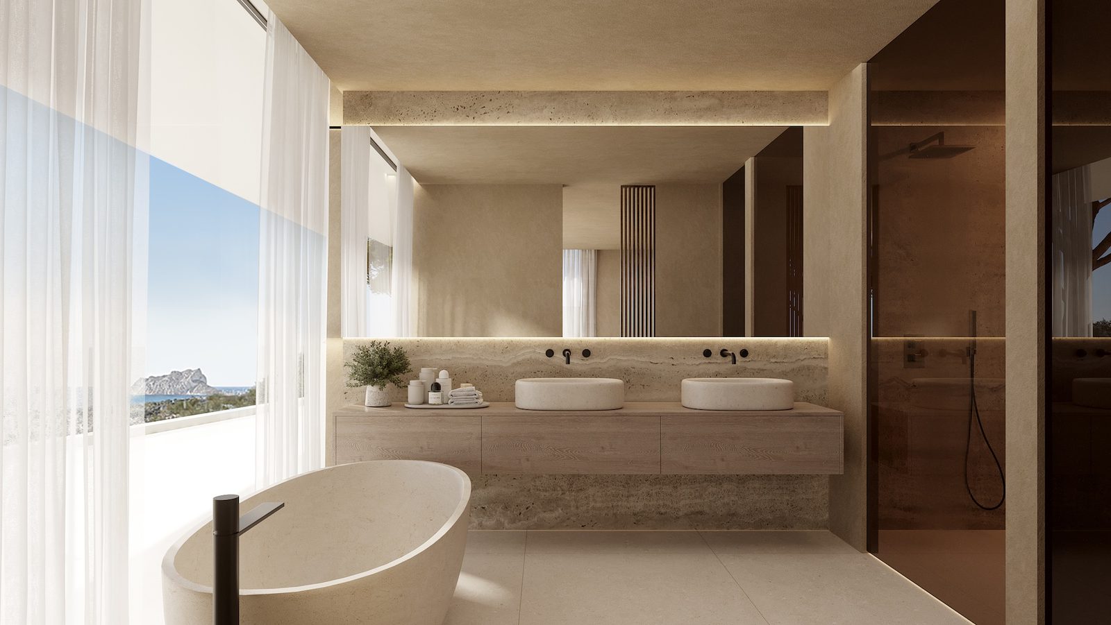 Modern bathroom with double sinks and sea views in a 4-bedroom villa in Benissa - The Estates
