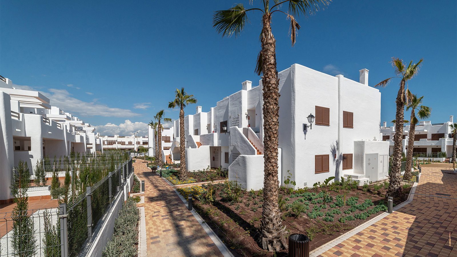 White bungalow residences with palm-lined landscaped paths and gardens in Pulpí - The Estates