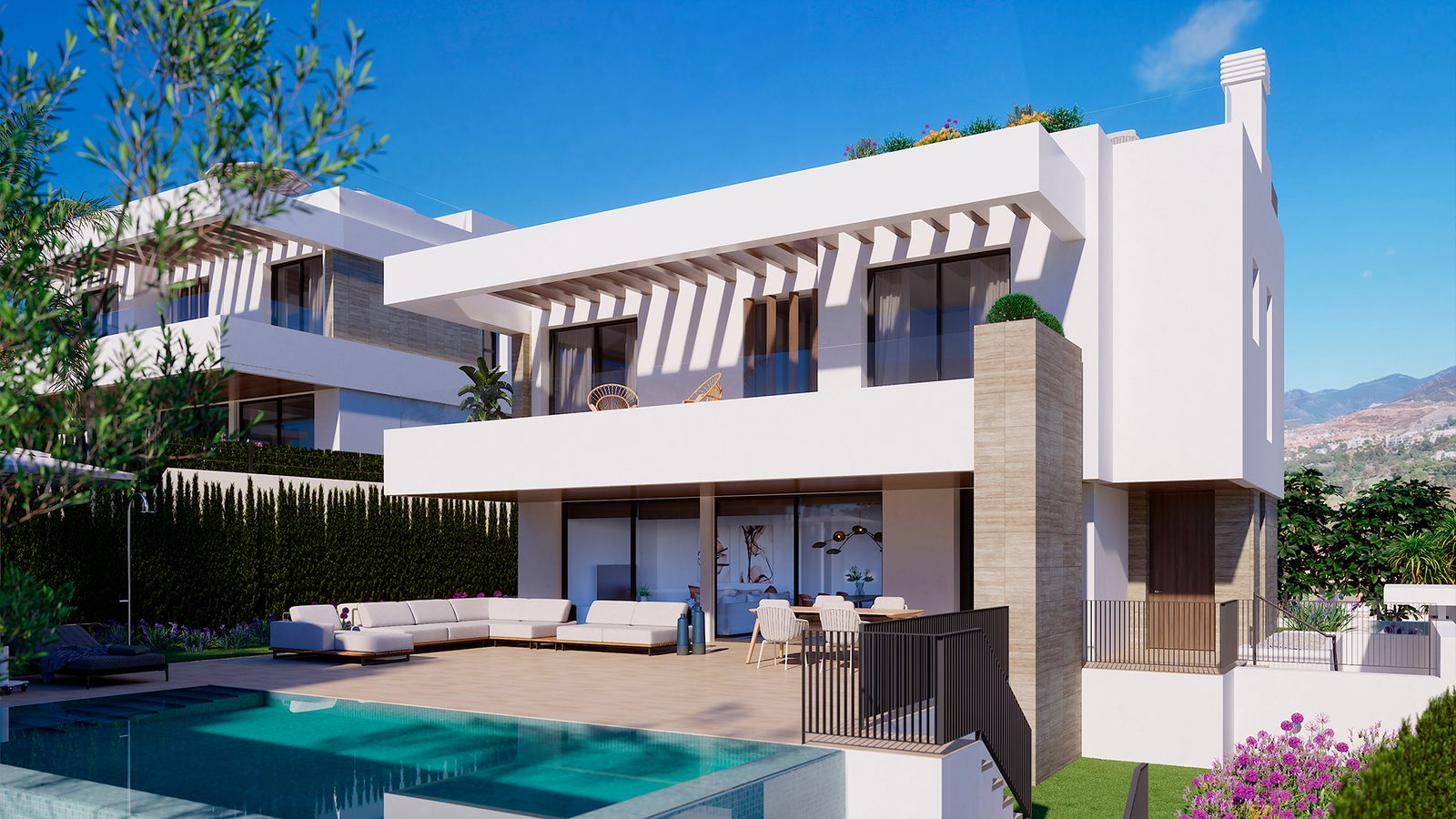 Exterior view of a modern 4-bedroom villa with a pool and garden in Estepona - The Estates