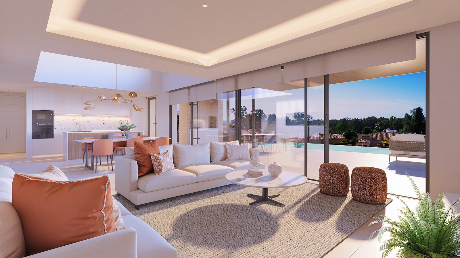 Stylish living room with pool views inside a 4-bedroom villa in Estepona - The Estates