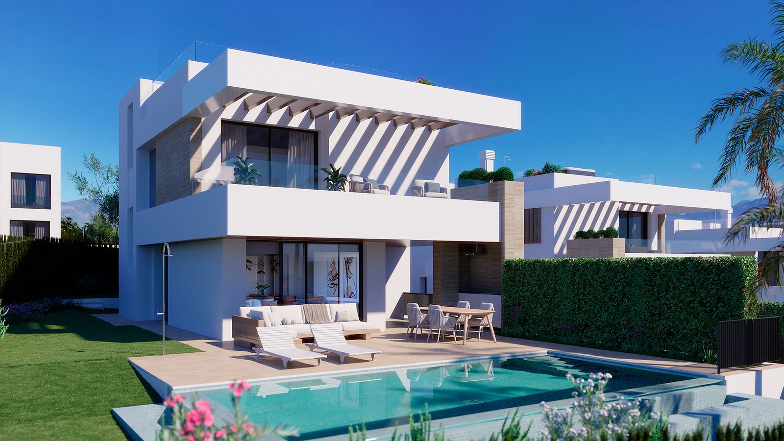Exterior view of a modern 4-bedroom villa with a pool and garden in Estepona - The Estates