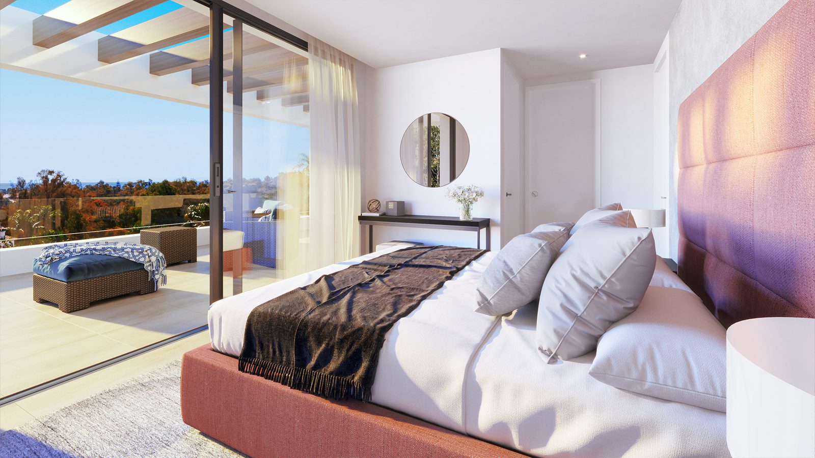 A beautifully styled bedroom with a balcony overlooking lush greenery in a 4-bedroom villa in Estepona - The Estates