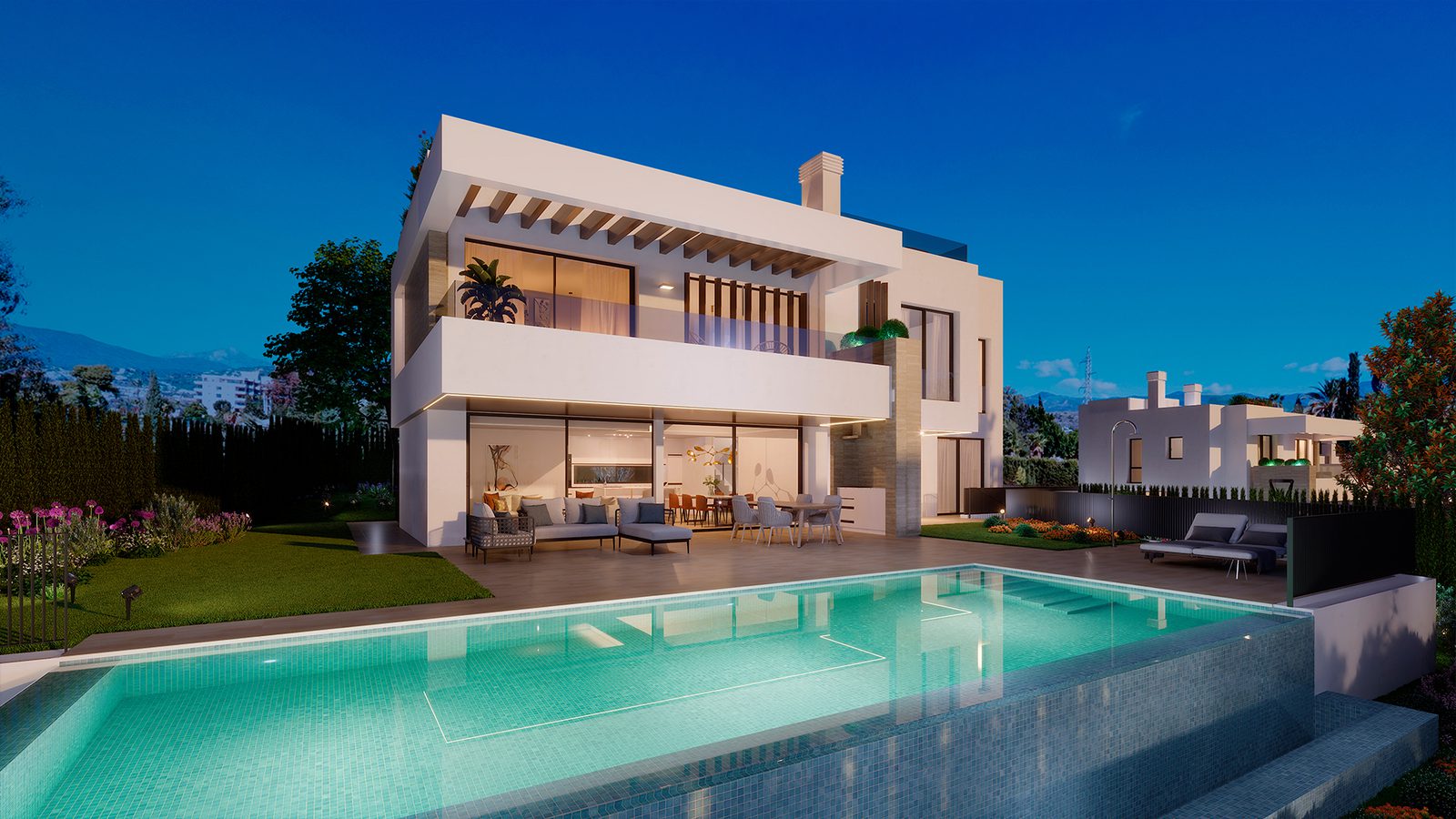 Exterior view of a luxurious 4-bedroom villa with a pool and garden in Estepona - The Estates