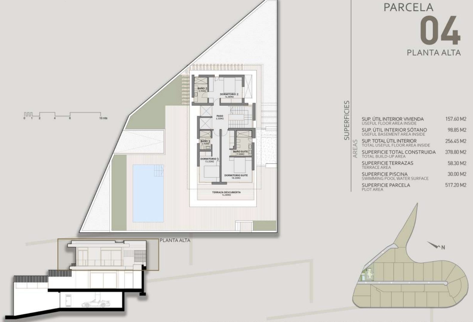 Upper-floor architectural floor plan with bedrooms, terraces and pool of a 4-bedroom villa in Benidorm - The Estates