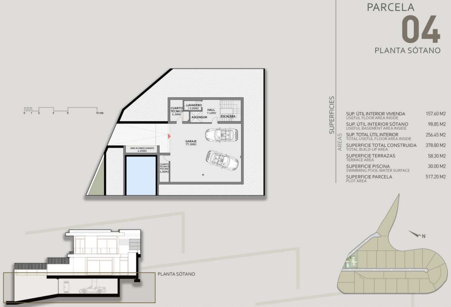 Basement floor plan showing garage, pool and utility rooms for a 4-bedroom villa in Benidorm - The Estates