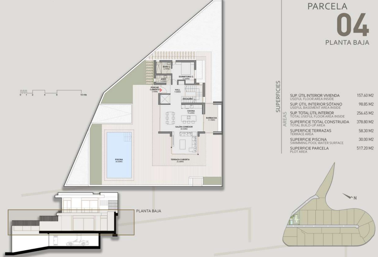 Ground-floor plan showing pool, terraces, living areas and bedrooms of a 4-bedroom villa in Benidorm - The Estates