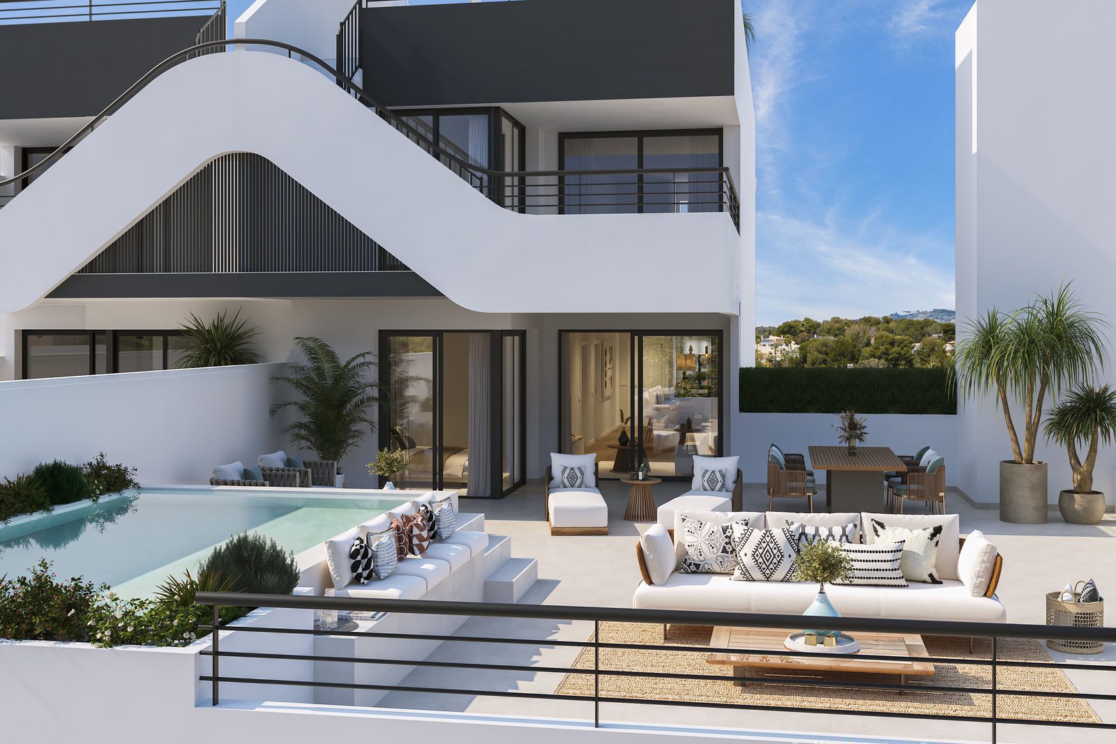 Exterior view of a modern 2-bedroom apartment with a terrace and pool in Alfaz del Pi - The Estates