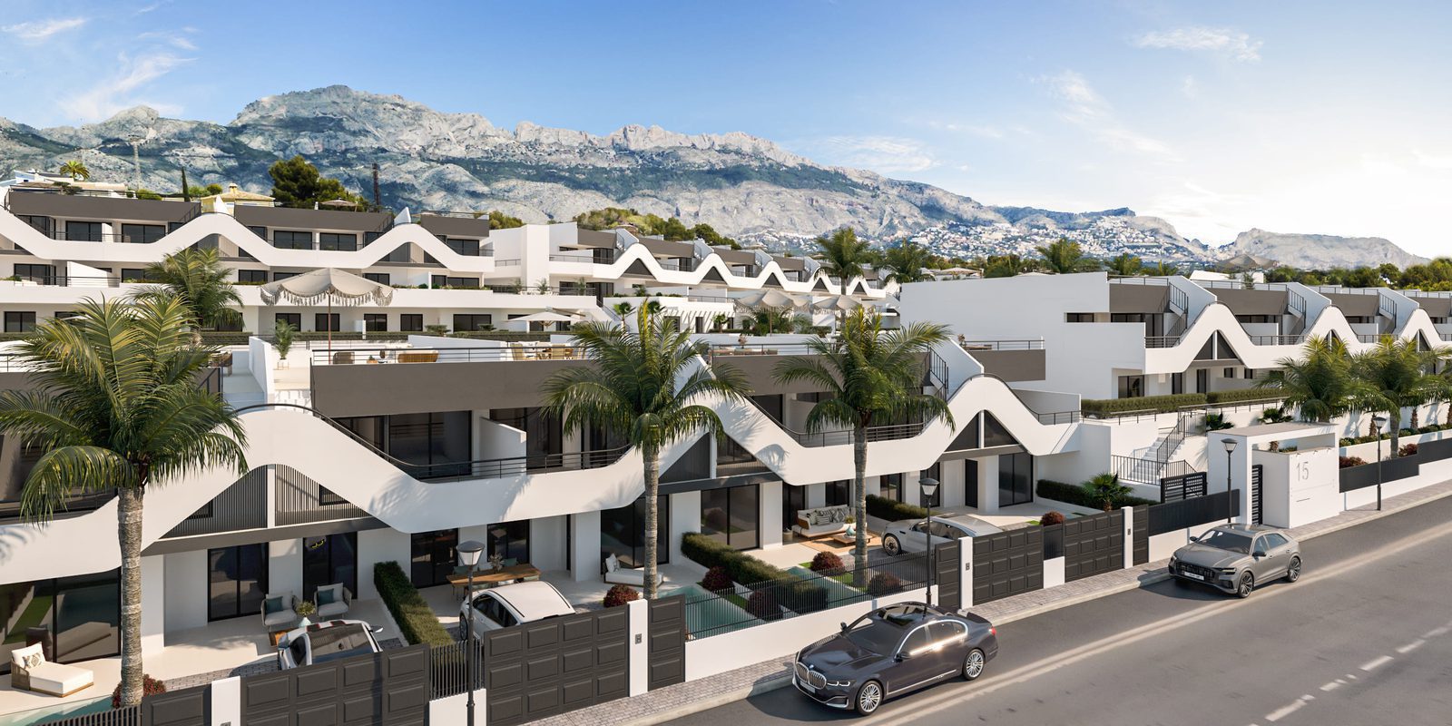 Exterior view of a 2-bedroom apartment with mountain and garden views in Alfaz del Pi - The Estates