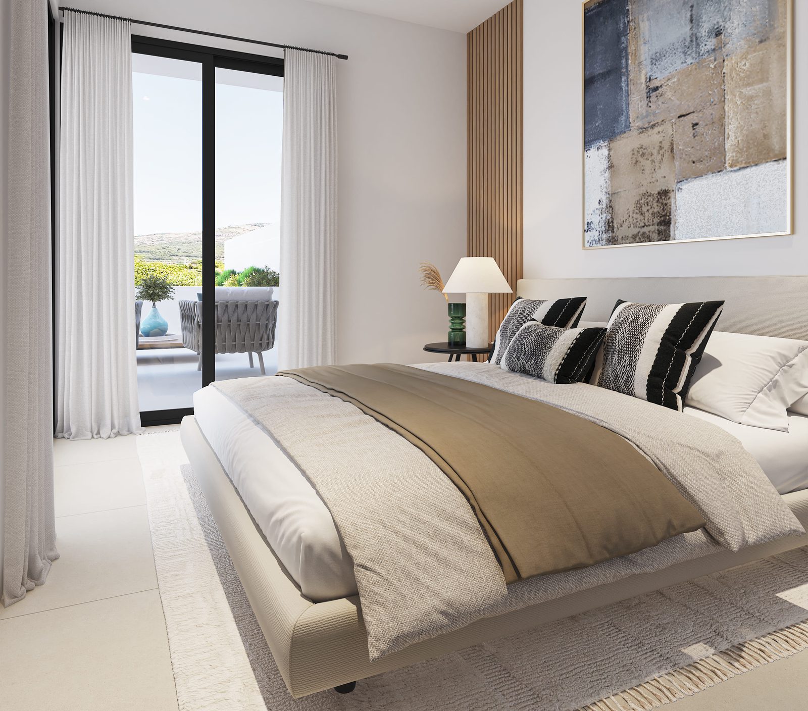 A stylish bedroom with mountain views in a 2-bedroom apartment in Alfaz del Pi - The Estates