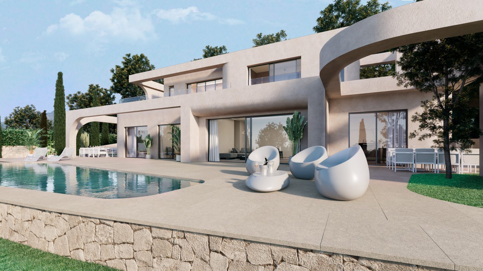 Modern villa exterior with swimming pool, terrace and garden of a 4-bedroom villa in Jávea - The Estates