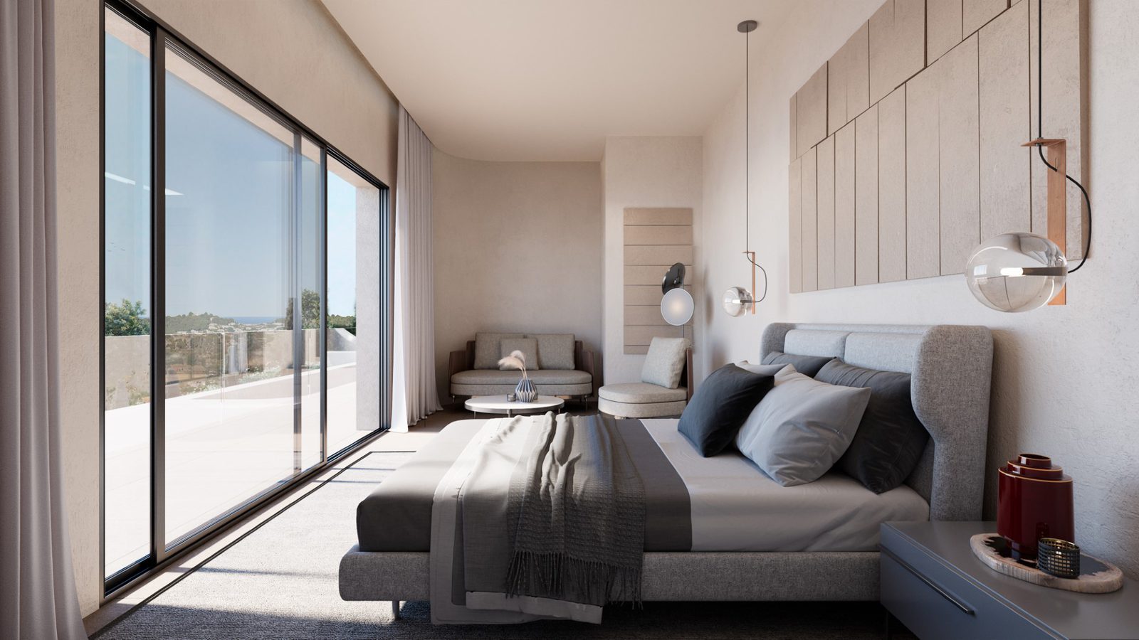 Modern bedroom with sea and countryside views of a 4-bedroom villa in Jávea - The Estates