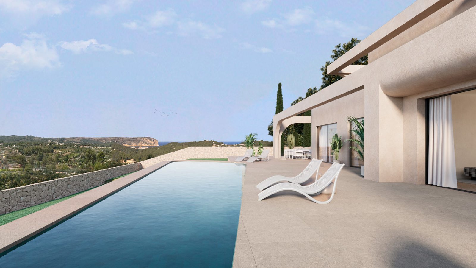 Infinity pool and terrace overlooking sea and countryside of a 4-bedroom