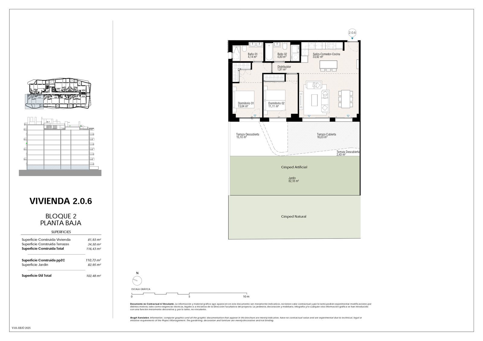 Ground-floor plan with terraces and garden of a 2-bedroom apartment in Villajoyosa - The Estates