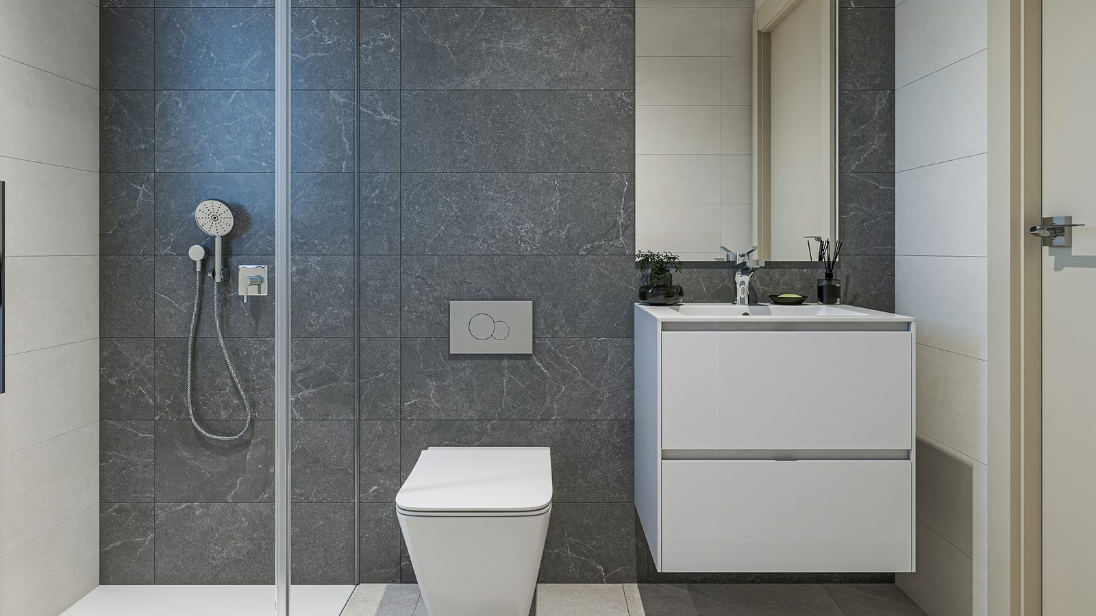 Modern bathroom with walk-in shower, wall-hung toilet and vanity in a 2-bedroom apartment in Torrevieja - The Estates