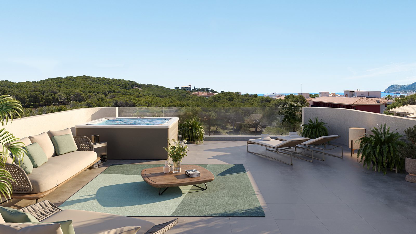 Rooftop terrace with hot tub, sun loungers and sea views of a 2-bedroom apartment in Capdepera - The Estates