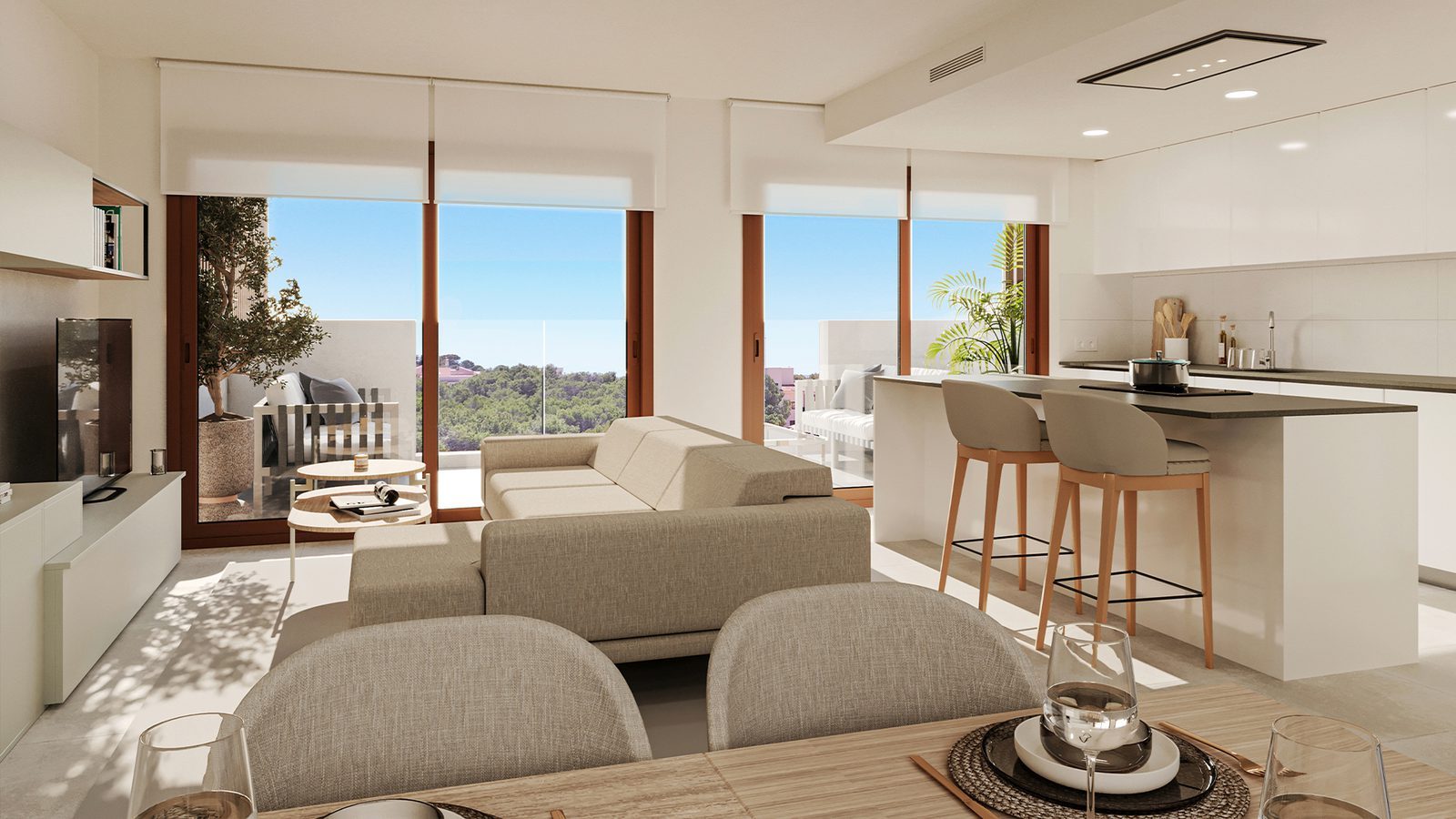 Open-plan living room, dining area and kitchen with balcony views in a 2-bedroom apartment in Capdepera - The Estates