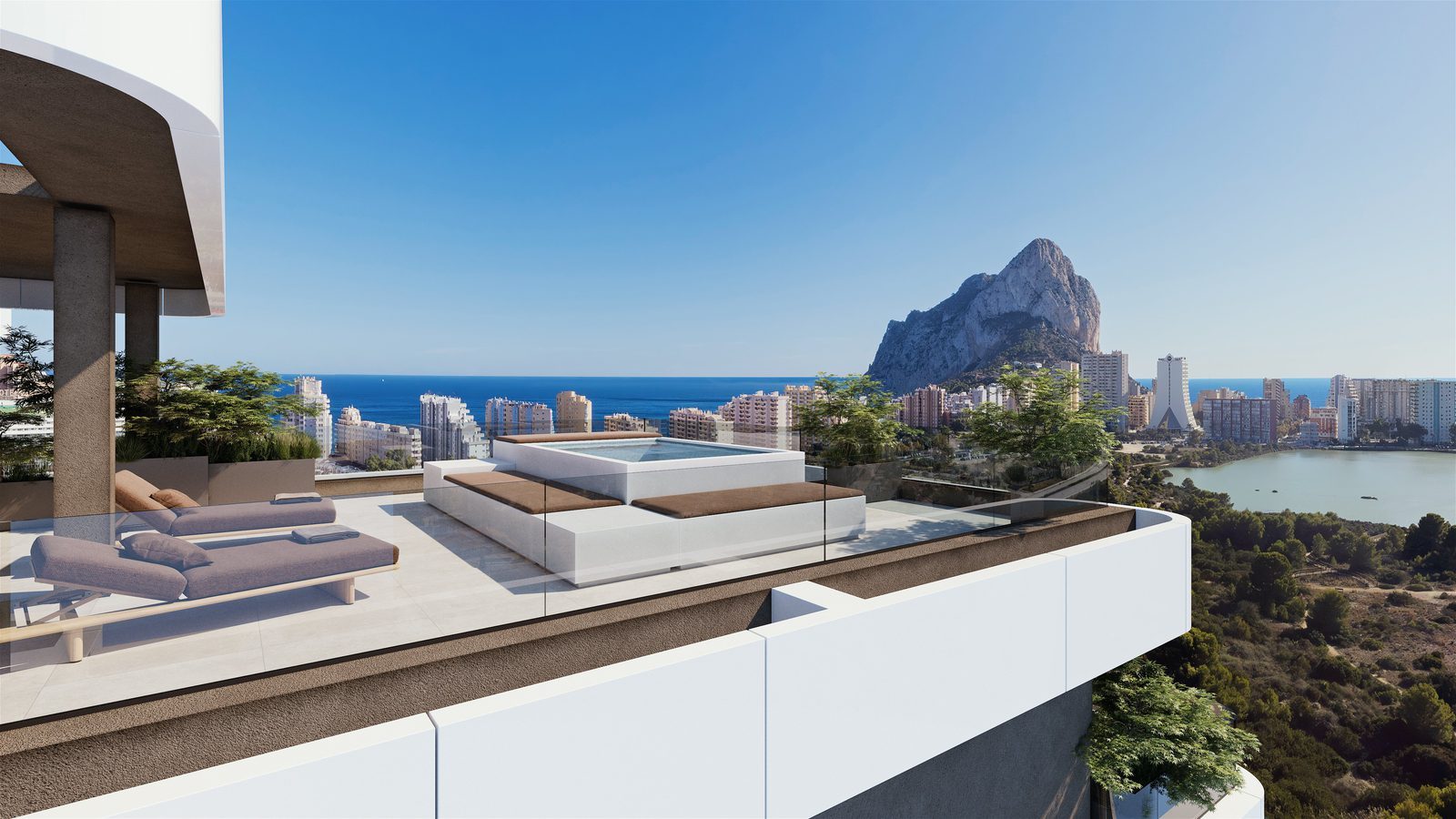 Rooftop terrace with pool, loungers and sea views of a 3-bedroom apartment in Calpe - The Estates