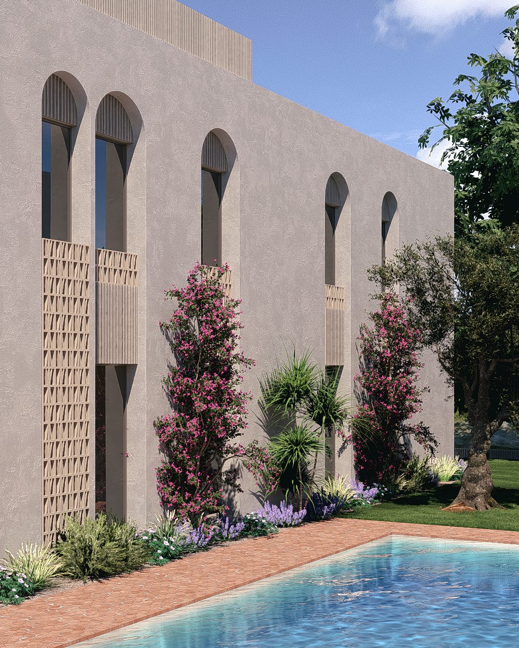 Exterior view of a 3-bedroom apartment in Jávea with lush greenery and a pool - The Estates