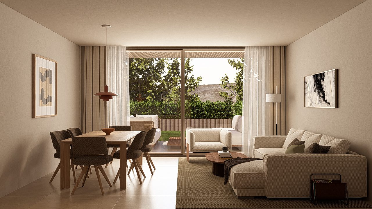 Bright living and dining area with mountain views in a 3-bedroom apartment in Jávea - The Estates