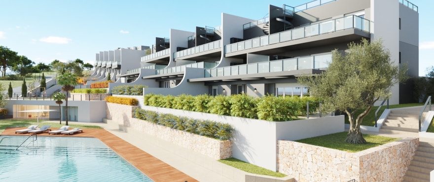 Modern terraced villas and communal pool of a 4-bedroom villa in Finestrat - The Estates