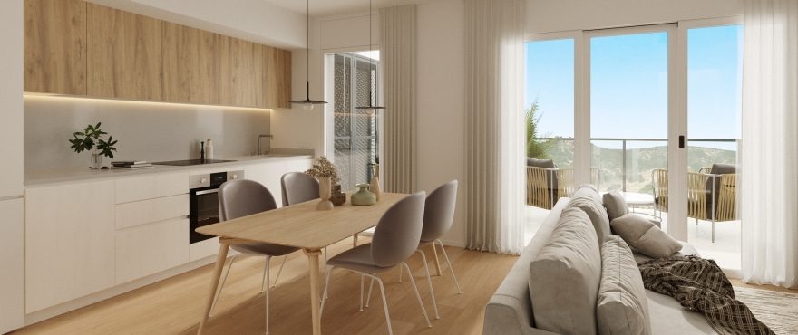 Open-plan kitchen, dining area and lounge with balcony views in a 4-bedroom villa in Finestrat - The Estates